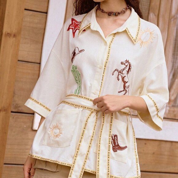 White Casual Women's Western Embroidered detailed belted button down top - Picture 7 of 8